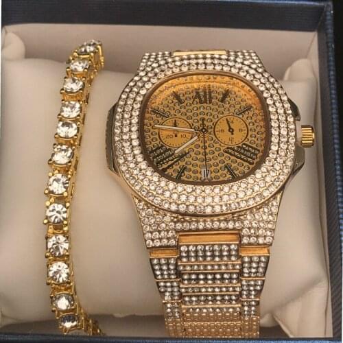 Luxury Men Gold Color Watch & Bracelet Combo Watch Set Hip Hop Ice Out Cuban Crystal Miami Cuban Braclete Chain Jewelry For Men