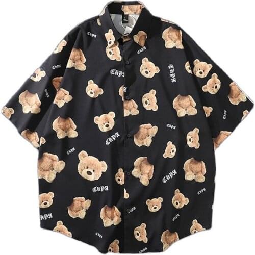 Kpop Broken Bear Retro Shirt Men Hip Hop Short Sleeve Loose Student Casual Shirts Vintage Clothes For Teens Camisas De Hombre
