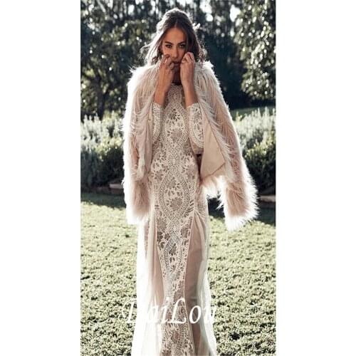 Mermaid / Trumpet Wedding Dresses V Neck Lace Tulle Long Sleeve Formal Boho Sexy See-Through Plus Size Illusion Sleeve 2021
