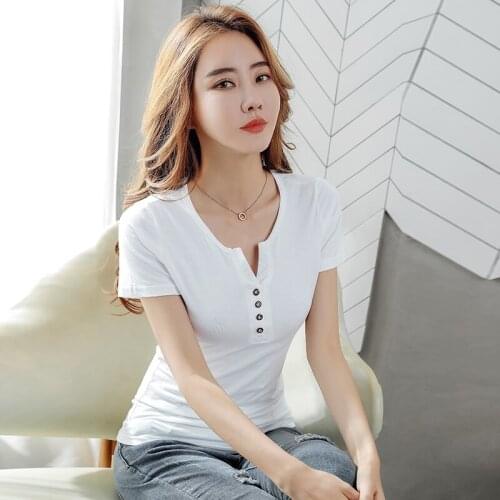 V-Neck New T Shirt Women Fashion Short Sleeve Summer Tops T-shirt Elegant Slim Korea Women Cotton TopsPlus Size S-4XL