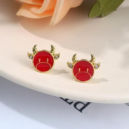 Cute Bull Earrings Creative Rhinestone Animal Ear Studs Pendent Jewelry Gift Chinese new year Zodiac Ox Earrings Good luck gift