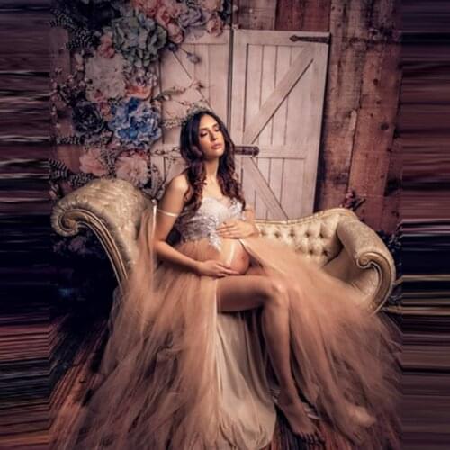 Light Champagne Tulle Appliques Maternity Dress Long Robes To Photography Pretty Ruffles Pregnant Women Gowns Custom Made