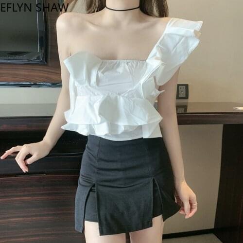 Sexy Blouse Womens Summer 2021 New Strapless Three-dimensional Flowers All-match Crop Top One Shoulder Ruffles Slim White Shirt