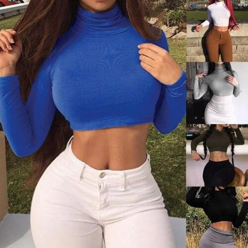 Kili Womens Sexy Navel Bottom Shirt High Collar Long Sleeve Short Top