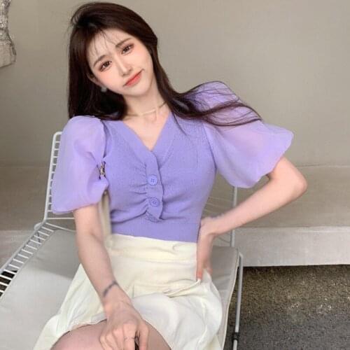 DAXIN Women T-Shirts Solid Color V Neck Puff Sleeve Slim Knitted Tops Short Sleeve Casual T-Shirt Female Crop Top Ladies Shirt