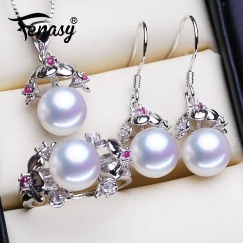 FENASY 925 Sterling Silver Jewelry Sets Natural Pearl Earrings Bohemian Stud Earrings Ruby Pendant Necklaces For Women Ring Set