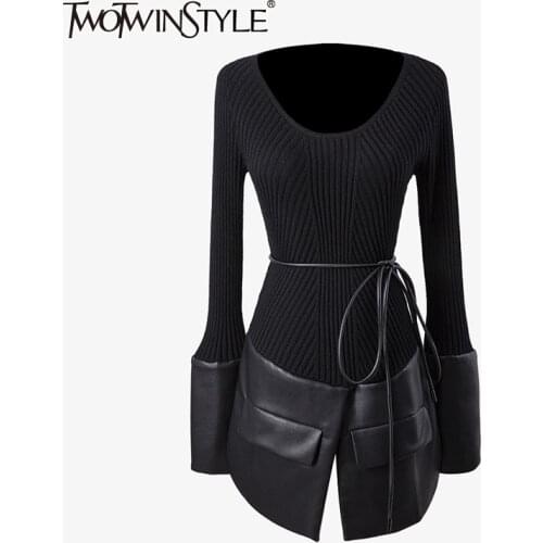 TWOTWINSTYLE Patchwork PU Black Sweater For Women O Neck Long Sleeve Lace Up Bowknot Knitted Tops Female Fashion New Autumn Tide