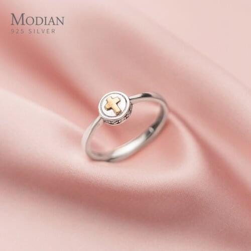 Modian Lovely Mini Cross Vintage Pattern Round 100% Authentic 925 Sterling Silver Free Size Opening Ring for Women Fine Jewelry