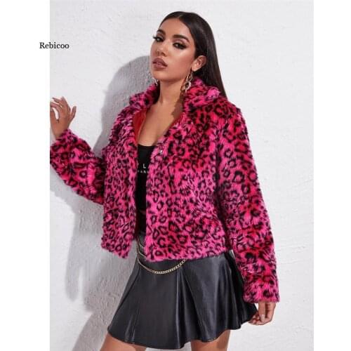 Winter New Faux Fur Womens Coat Leopard Print Women Jacket Turn Down Collar Slim Womens Outerwear Plus Size 4Xl