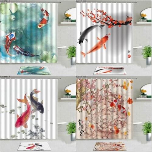 2pcs Koi Fish Cherry Shower Curtains Set Bath Mat Non-slip Carpet Chinese Style Flower Scenery Luxury Fabric For Bathroom Decor