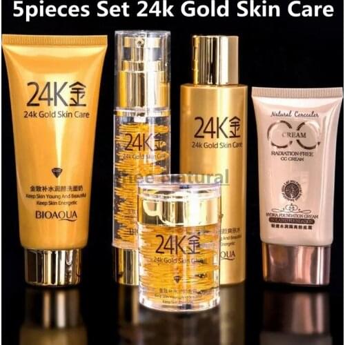 5pieces Set 24k Gold Skin Care Set Super Bright Cleanser Toner Serum Lotion BB Cream Moisturizing Anti-aging Spots Freckle