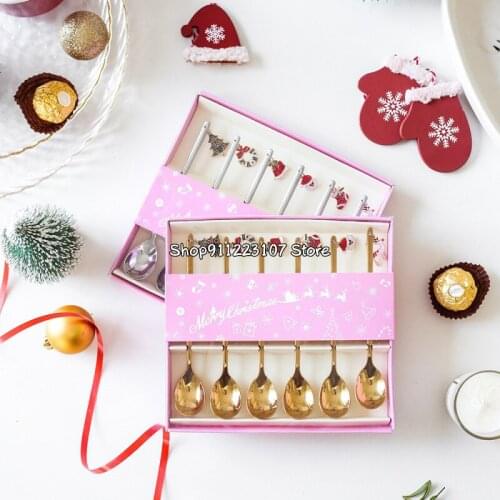 6PCS Stainless Steel Spoon Set Christmas Coffee Spoon Ice Cream Soup Sugar Dessert Teaspoons Mixing Stirrer Kitchen Tableware