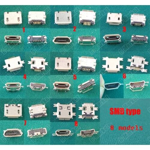 8models SMD type Micro USB Jack connector Mobile Phone Charging port Socket power dock plug 5pin v8 port female