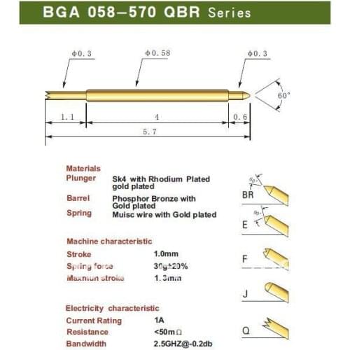 FREE SHIPPING 100PCS/LOT BGA058-570 BGA 058-570 QBR 5.70MM TWO PART SPRING TEST PROBES