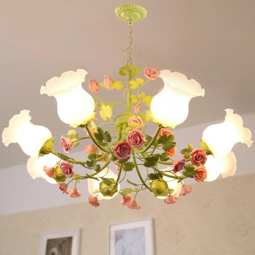 Decora Floral Chandelier Lamp Green Color Pink Ceramic Roses Flower Chandelier Light Fixture E14 LED Home Decoration Chandelier