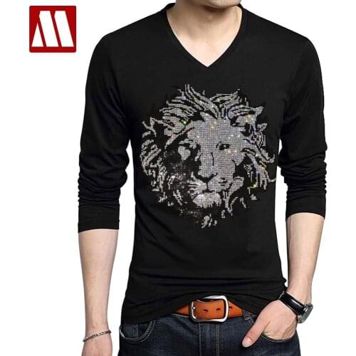 New Tops Rock Style Mens 0versized Lion Head Leisure Shiny Rhinestones T Shirts Man Cotton Full Sleeve Tees Fashion Slim TShirt