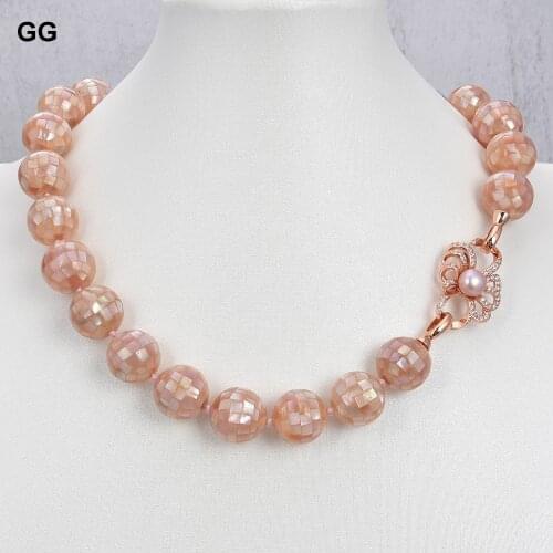 GuaiGuai Jewelry Natural 16MM Pink Mother Of Pearl Pink Shell Necklace Pearl CZ Clasp Lady Jewelry