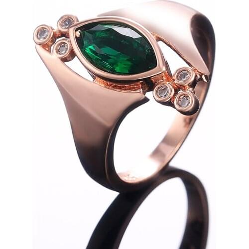 JK Rose Gold Color Women Finger Ring Marquise Green Stone Vintage Party Ring Anniversary Gift for Lady Retro Rings Jewelry