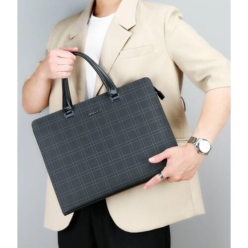 Classic Business Mens Briefcase Plaid Leather PU Portable Laptop Handbag Horizontal Computer Bag Male Shoulder Crossbody Bags