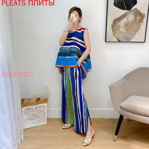 Miyake Fold Summer 2021 Fashion Two-Piece Pants Set Vest and Trousers 2 Piece Set Women Tracksuit Women