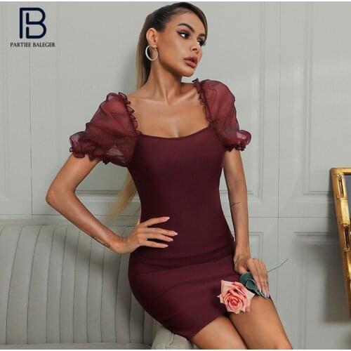 PB Trendy Puff Sleeves Bandage Mini Dress Square Collar Celebrity Party Club Vestido Free Shipping