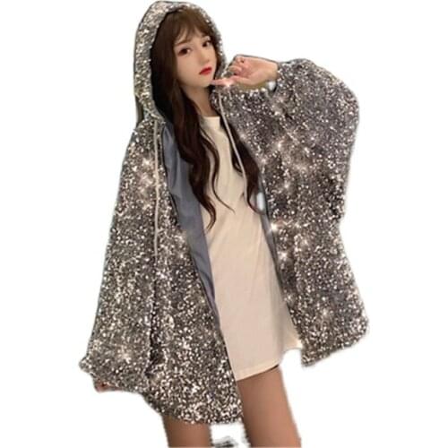 New Arrivals Womens Jackets Sequin Spring Autumn Oversize Female Hooded Loose Woman Coat Trendy Lady Clothing Casual Outerwear