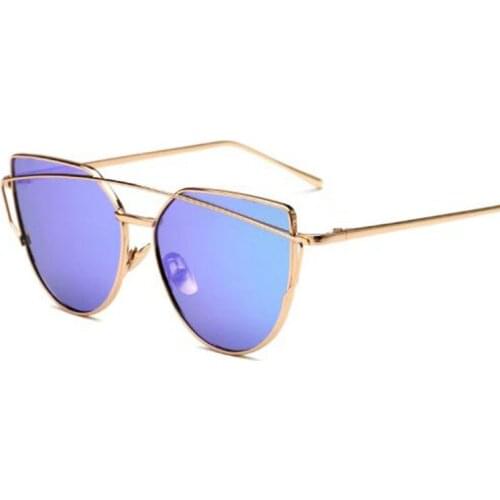 Women Men Brand Designer Rose Gold Twin-Beam Mirror Cat Eyes Sun Glasses For Female Fashion Vintage Ladies Cat Eye Sunglasses