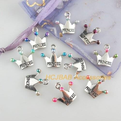 10 New Princess Crown Charms Mixed Acrylic Pendants Tibetan Silver Tone 16.5x19mm