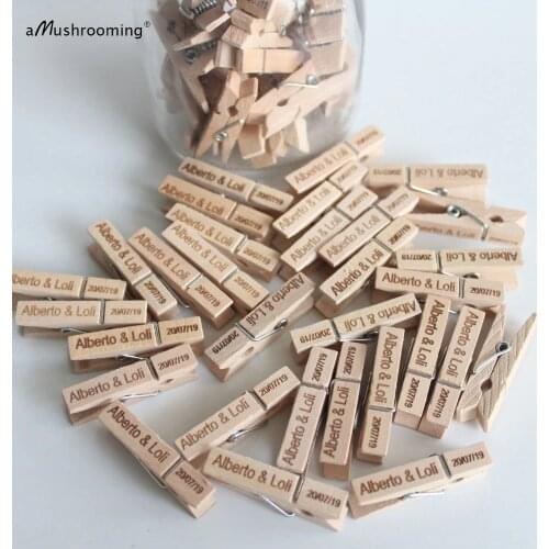 X100 Personalized Mini Clothespins Bridal Shower Name Decorated Wooden Craft Pegs with Name and Date Photo Wall Natural Clips