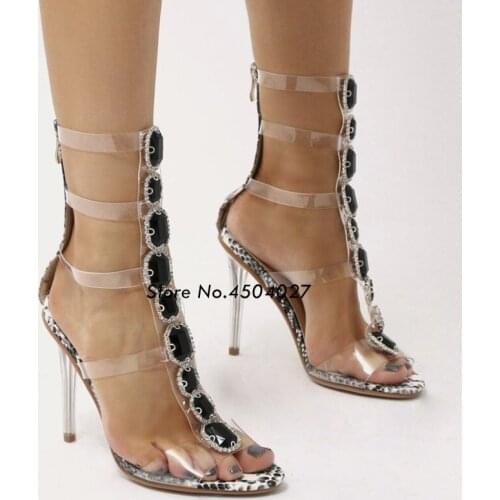 Sexy Pvc Transparent Gladiator Sandals Woman Open Toe Rhinestone Diamond Clear High Heel Shoes Women Summer Boots