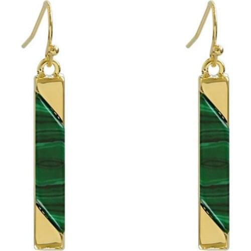 FYJS Unique Light Yellow Gold Color Geometric Malachite Stone Dangle Earrings for Women Fashion Jewelry