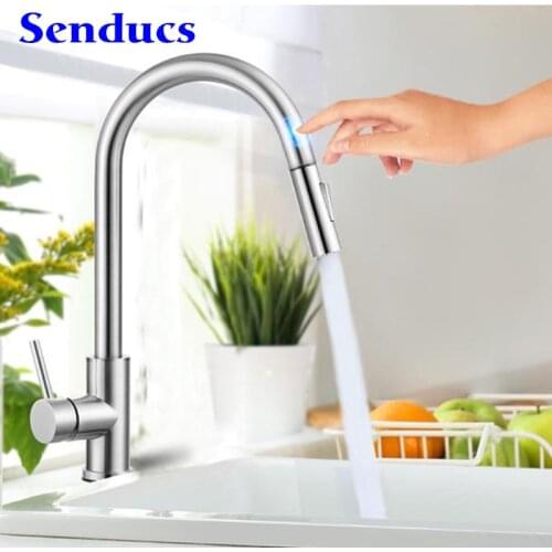 Senducs Touch Kitchen Faucets with Pull Down Sprayer Kitchen Tap Smart Touch Pull Out Kitchen Faucet Brushed Sensor Kitchen Taps