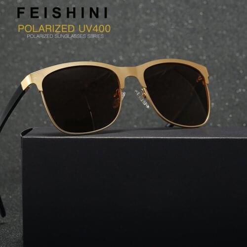 FEISHINI Summer Small Stainless Steel Sunglasses Men Polarized Square Fashion One-piece Mirror Lens Sun Glasses Female Luxury