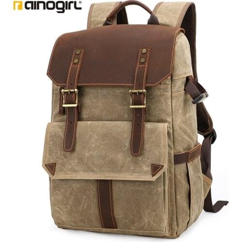 AINOGIRL camera bag leather canvas anti-theft professional detachable camera bag retro double shoulder SLR backpack outdoor bag