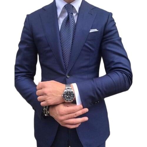 Navy Blue Business Men Suits Slim Fit Formal Groom Tuxedo for Wedding 2 Piece Custom Jacket with Pants Male Fashion Costume