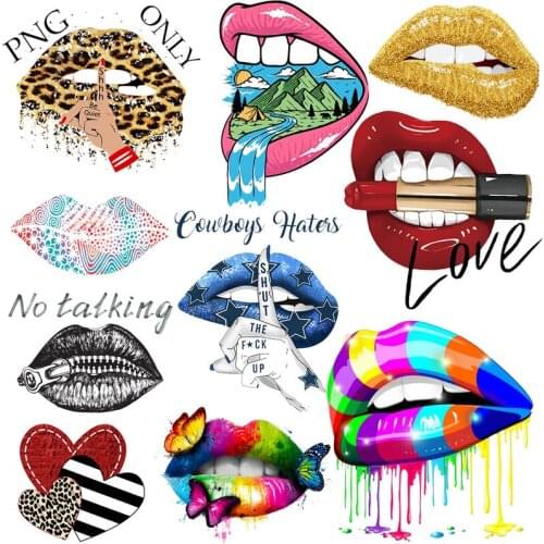 Leopard Print Lips Heat Vinyl Transfers For Clothing Thermal Stickers DIY Washable T-Shirts Iron On Transfer Girls Lips Patches