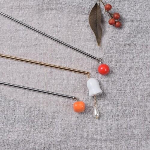 2021New Women retro ceramic hairpin glas round Beads bun metal hair accessories ancient costume Han clothes hairpin Ornament