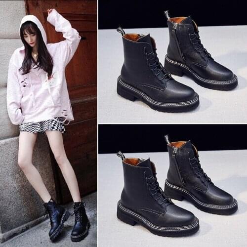 Genuine Leather Women Ankle Boots Black Women Autumn Shoes Lace Up High Heels Leather Martin Boots For Women 2020 Shoes