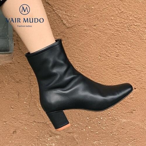 VAIR MUDO Ankle Boots Shoes Women High Heel Black White Chelsea Thick Heels Autumn Winter Fashion Hot Boot Elegant DX136