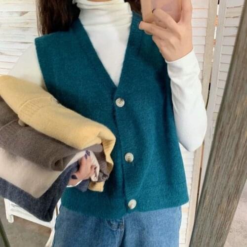 Women Sleeveless Pullover 2020 Korean Style Single Breasted V Neck Knit Wool Sweater Vest Soft Waistcoat Casual Tank Tops T499