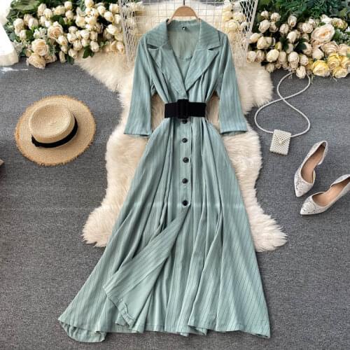 Beach Lace Autumn Party A-Line Long Sleeve High Waist Spring Vintage Suit Dress Belt Dresses Women Elegant Luxury Stripe 2021