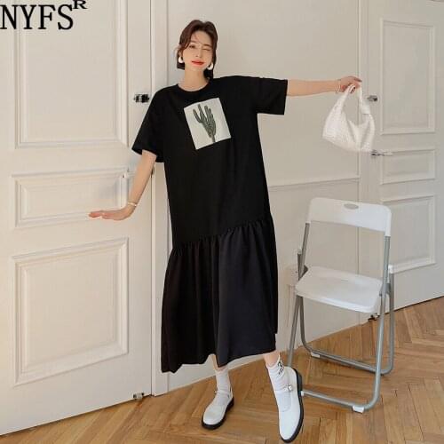 NYFS Summer Dress 2021 Korean New Short Sleeve Woman Dress Vestidos Robe Elbise Fashion Cactus Printing Long Dress