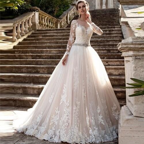 High-End O-Neck Full Sleeve Embroidery Appliques Tulle Wedding Dress for Women Luxury Button Back Chapel Train Bridal Ball Gown