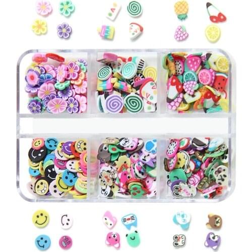6 Grids Mix 3D Fruit Flower Slices Nail Art Decoration Polymer Clay Designs Slices Sticker DIY Nail Charms Supplies Accessories
