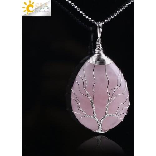 CSJA Wire Wrapped Tree of Life Necklaces Pendants Natural Stone Water Drop Shaped Crystal Beads for Female Handmade Jewelry F352