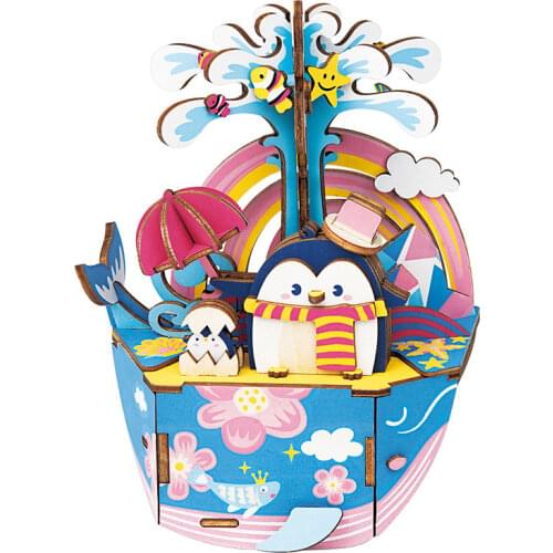 Robotime DIY 3D Oceam Park Penguin Wooden Puzzle Game Assembly Moveable Music Box Toy for Children Adult AMD51 for Dropshipping