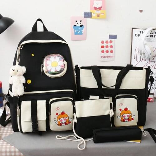 2021 High Quality 5Pcs/set Canvas Laptop Backpacks Women School Bags for Teenage Girls Book Bag Student Travel Backpack Rucksack