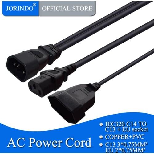 JORINDO 0.3M/1FT,IEC320 C14 TO C13+ EU socket One drag two AC power cord,3 pin C14 pulg to 3 hole C13 +2 hole Europe socket