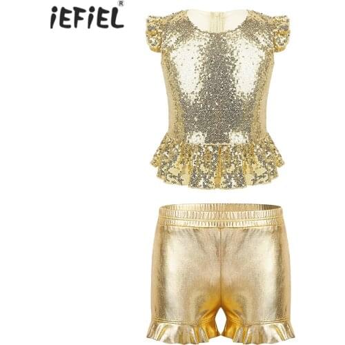 Concert Hip Hop Clothing Sequins Top Shorts Girls Cheerleader Jazz Dance Wear Costumes Kids Stage Ballroom Dancing Clothes Wear