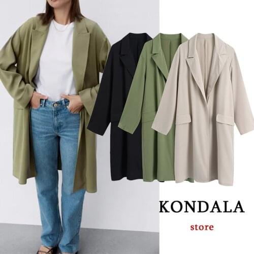 KONDALA Za 2021 Women Solid Green Casual V Neck Long Jackets Women Fashion Autumn Oversized Female Trench Streetwear Jackrts